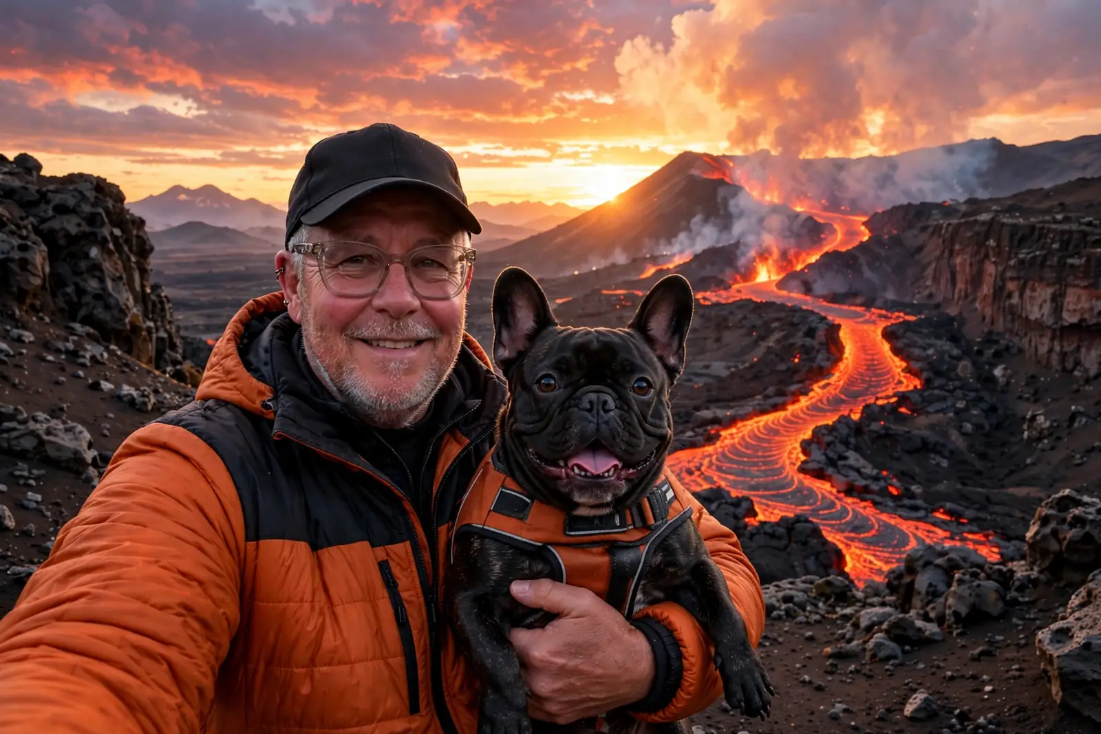 Harry und seine französische Bulldogge Buddy in oranger Weste vor einem ausbrechenden Vulkan bei Sonnenuntergang