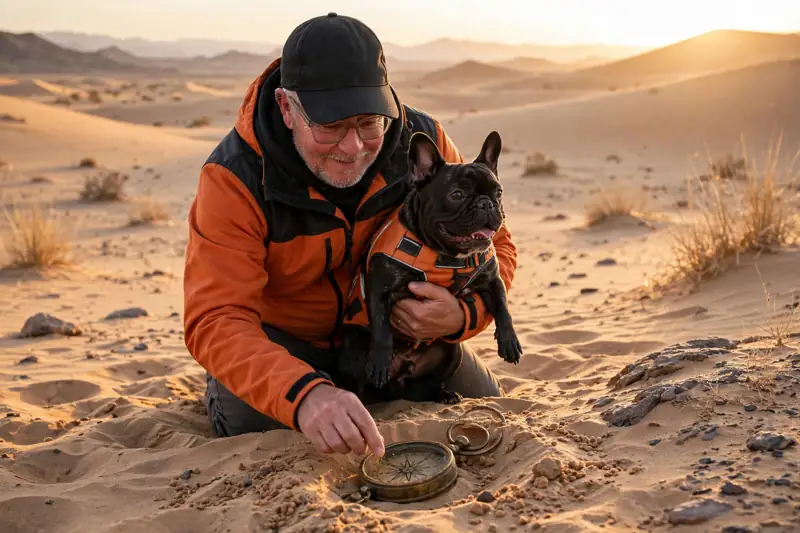 Harry und Buddy graben in der Wüste einen Kompass aus dem Sand